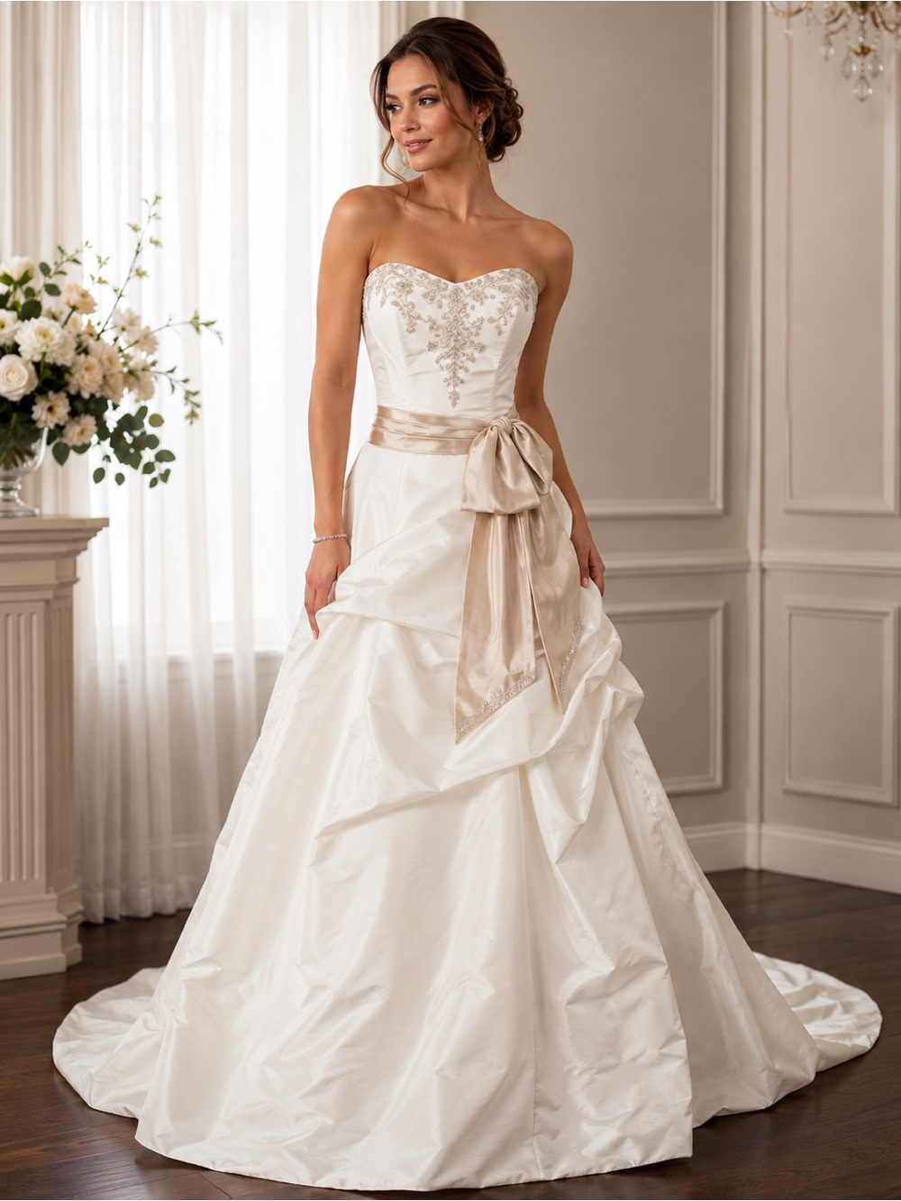 Alfred Sung 6686 Ivory Satin Strapless Wedding Gown Champagne Sash Size 10
